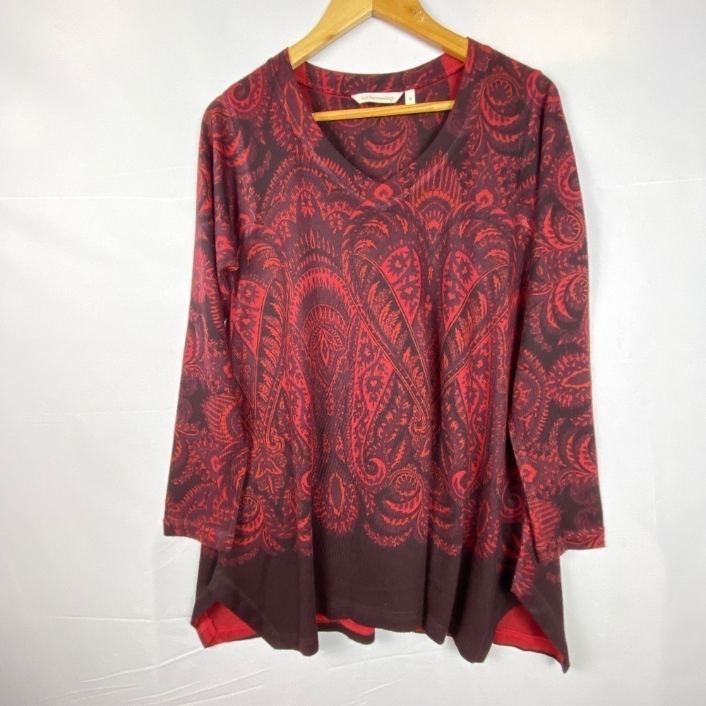 Soft Surroundings Women's Sz M/L Long Sleeve Stretch Red Floral Paisley‎ T-shirt